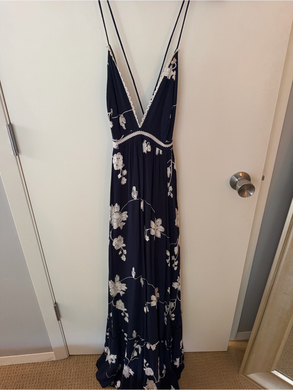 Lulu's Navy Maxi Dress with White Floral Embroidery